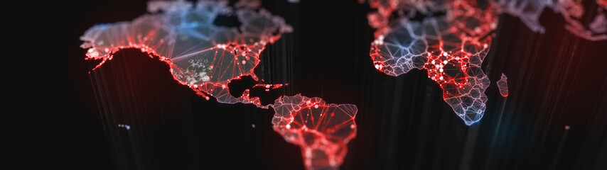 Wall Mural - digital mainlands from space. cities and countries connected by plexus light lines. virtual continen