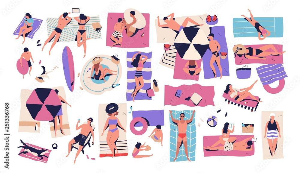 People lying on towels or blankets on beach or seashore and sunbathing, reading books, talking. Men, women and children relaxing at summer resort. Recreational activities. Flat vector illustration. - obrazy, fototapety, plakaty 