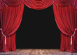 Empty theater stage with wood plank floor and open red curtains 3D Rendering  