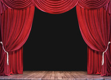 Empty Theater Stage With Wood Plank Floor And Open Red Curtains 3D Rendering  