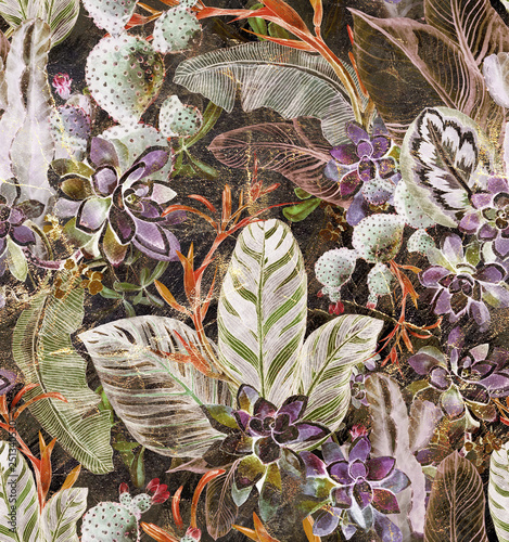 Naklejka - mata magnetyczna na lodówkę Tropical seamless pattern with tropical flowers, banana leaves and panther, leopard, cougar, wildcat. Luxury background