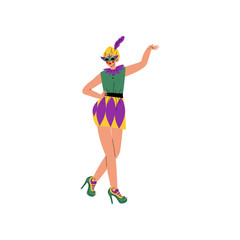 Poster - Beautiful Woman in Bright Traditional Mardi Gras Costume and Mask Celebrating Carnival Party Vector Illustration