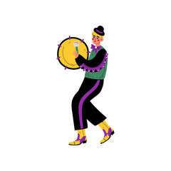 Poster - Young Man in Bright Traditional Mardi Gras Costume Celebrating Carnival Party with Tambourine Vector Illustration