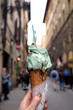 Traditional italian gelato, ice cream cone close up