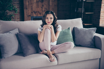 Sticker - Close up portrait amazing wonderful pretty brunette she her lady legs couch arms chin comfortable leaning pillows wearing home domestic white grey sweatpants t-shirt outfit sit comfy divan