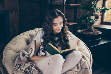 Poster - Close up photo sweet beautiful brunette she her lady living room relaxing hot beverage covered blanket reading favorite adventure wearing domestic home apparel clothes outfit sit comfy arm-chair