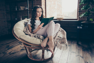 Poster - Close up photo beautiful brunette she her lady living room relaxing covered blanket read favorite adventure plot part chapter wearing domestic home apparel clothes outfit sit comfy arm-chair