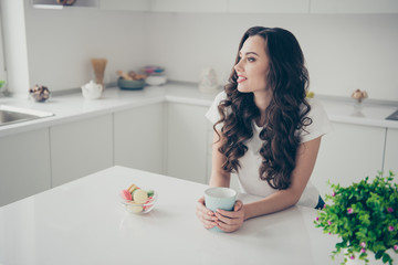 Sticker - Close up photo sweet beautiful brunette she her lady homey house dining room silent lonely morning hot beverage look window memories wearing domestic home apparel clothes outfit sit comfy table