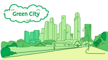 modern green silhouette eco city concept skyscraper cityscape background sketch flow style horizontal