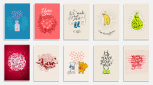 Funny Phrases About Love. Hand Drawn Valentines Day Card With Funny Pear, Animals, Bananas And Hand Written Note.