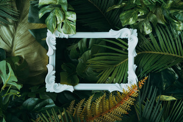 Wall Mural - creative layout made of tropical leaves with vintage frame. flat lay. nature concept.