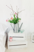 Zinc Watering Can With Pink Tulips Over White Background In Bedroom.