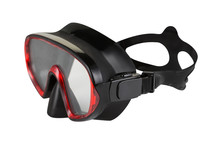 Black Diving Mask With A Red Rim, Side View, On A White Background, Isolate