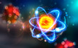 Scientific concept. Genious idea. Breakthrough research. 3D illustration of an atom on the background of HUD display