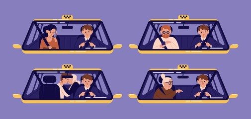 Wall Mural - Collection of taxi customers or clients and driver in cab seen through windshield. Bundle of people using automobile service. Set of cute cartoon characters. Flat colorful vector illustration.