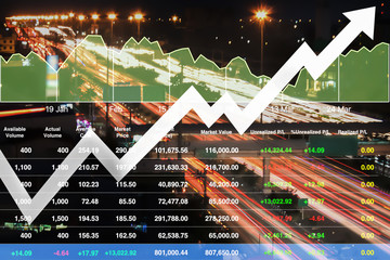 Wall Mural - Business finance stock index background of successful  investment on transportation infrestructure with long exposure speed car at night background..