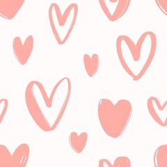 Poster - Seamless pattern with hand drawn pink hearts on white background