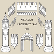 Set Of The Medieval Castle Architectural Elements. Defencive Structures. Towers, Battlements, Gates. Designers Kit. EPS10 Vector Illustration