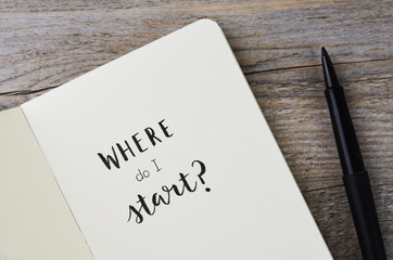 WHERE DO I START? hand lettering in notebook with pen on wooden background