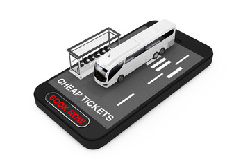 Poster - Big White Coach Tour Bus with Bus Station over Mobile Phone with Cheap Tickets Sign and Book Now Button. 3d Rendering