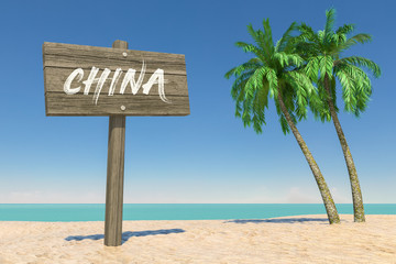 Poster - tourism and travel concept. wooden direction signbard with china sign in tropical paradise beach wit