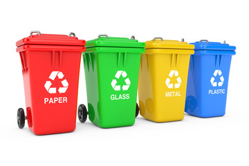 Poster - Red, Green, Yellow and Blue Recycle Bins with Recycle Symbol. 3d Rendering