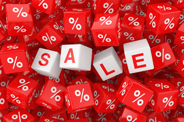 Fototapete - White Sale Cubes in Heap of Red Percent Cubes. 3d Rendering