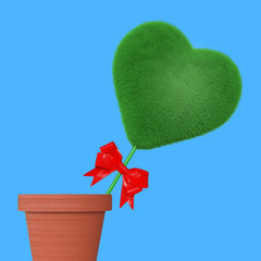 Poster - Green Grass Heart with Red Ribbon in Flowers Pot. 3d Rendering