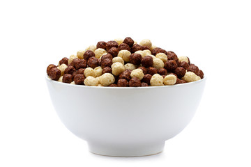 Isolated bowl of chocolate corn brown and white balls on a white background for healthy cereal dry breakfast