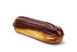 Traditional french dessert. Isolated eclair with custard and chocolate icing on white background. Pastry products for sweet tooth