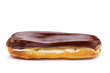 Traditional french dessert. Isolated eclair with custard and chocolate icing on white background. Sweet pastry products