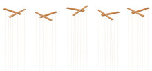 Wooden Marionette Control Bars. Five Items With Strings And No Puppets. Symbol For Manipulation, Control, Authority, Domination - Or Just As A Toy For A Puppeteer. Isolated Vector On White.