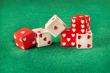 Set of six dices with heart-shaped dots. Love comes in many types and numbers