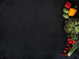  Fresh organic raw carrots, lettuce, paprika, lemons, eggplant, radishes on a black background, shot from the left side with space for text