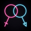 © krolja - Bright neon gender men and women sign. Glowing blue and pink sex symbol. Female, male, couple, relationship light theme.