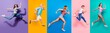 Leinwandbild Motiv Full length body size view photo portrait collage of running sporty people in striped T-shirt overalls looking in front striving progress active life isolated on bright colorful different background