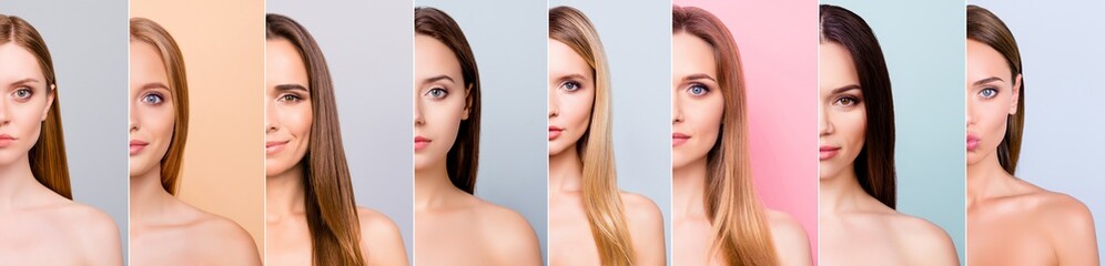 Beauty and health concept she her beautiful pretty eight ladies half face healthy skin hair looking straight in the camera difference concept isolated grey pink pastel blue backgrounds