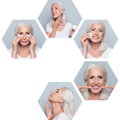 Sticker - Collage close-up composition of five hexagonal nice attractive cheerful granny doing effective useful facial procedures therapy treatment isolated over gray blue background