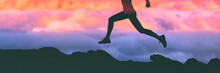 Running Legs Silhouette Of Athlete Runner Woman Trail Running On Mountain Rocks Against Pink Sunset Sky Background. Panoramic Banner.