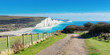 Walk to Cuckmere Haven beach near Seaford, East Sussex, England. South Downs National park. View of blue sea, cliffs, long photo banner selective focus