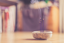 Smoking And Smelling Joss Sticks At Home, Feng Shui; Copy Space