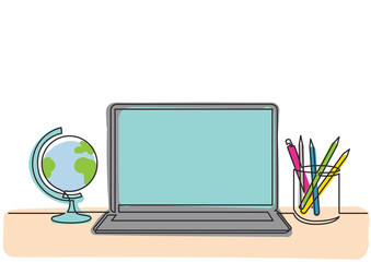 Poster - continuous line drawing of globe laptop computer and pencils