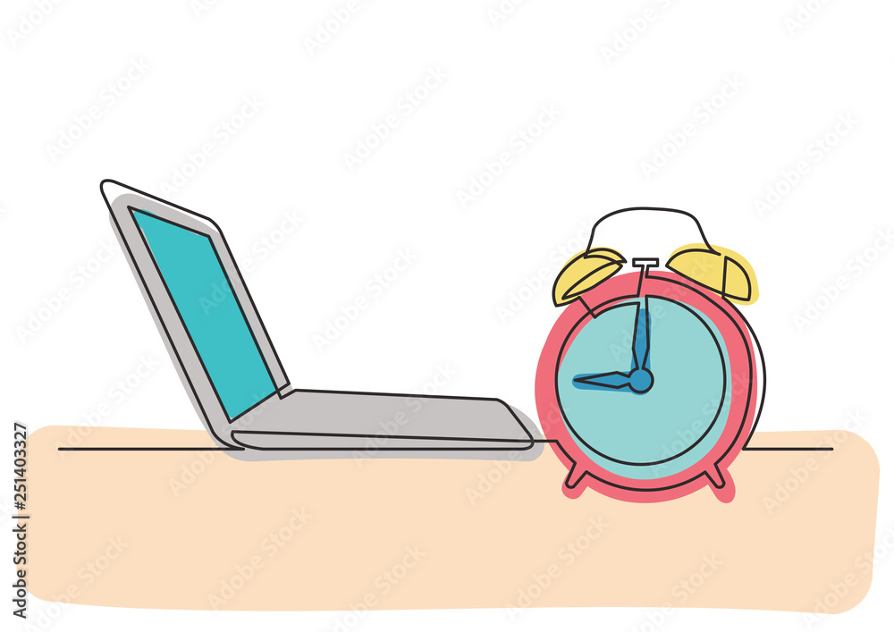 continuous line drawing of laptop computer and alarm clock Stock Vector ...