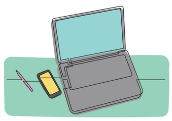 Poster - continuous line drawing of laptop computer phone and pencil