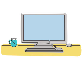 Poster - continuous line drawing of work desk computer and coffee
