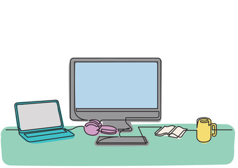 Poster - continuous line drawing of desktop computer laptop and mug
