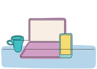 Poster - continuous line drawing of laptop computer mobile phone