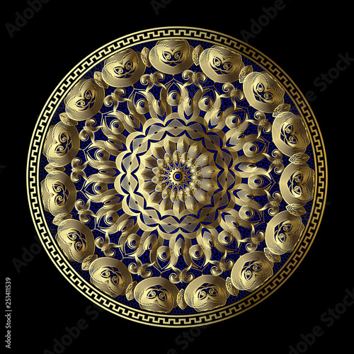Download Gold Lacy Greek Vector 3d Mandala Pattern Round Lace Floral Background Vintage Ethnic Style Design Gold Paisley Flowers Leaves Geometric Shapes Lines Textured Ornate Greek Key Meanders Ornament Stock Vector Adobe