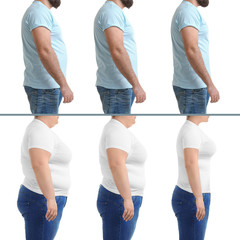 Overweight people before and after weight loss on white background, closeup