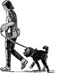 A townswoman and her dog go on a stroll